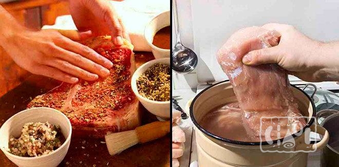 Мясо вымачивают в воде и добавляют специи перед копчением