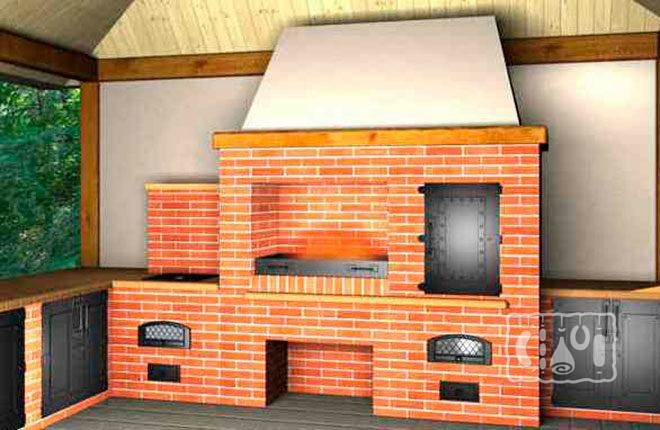 Большой уличный мангал с печью под казан и коптильней из кирпича Фото уличного мангала с печью под казан и коптильней из кирпича